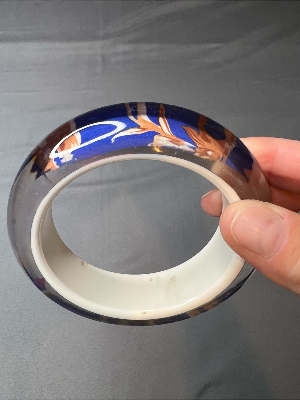 Vintage Blue Floral Lucite Bangle Bracelet, Wide Resin Bangle